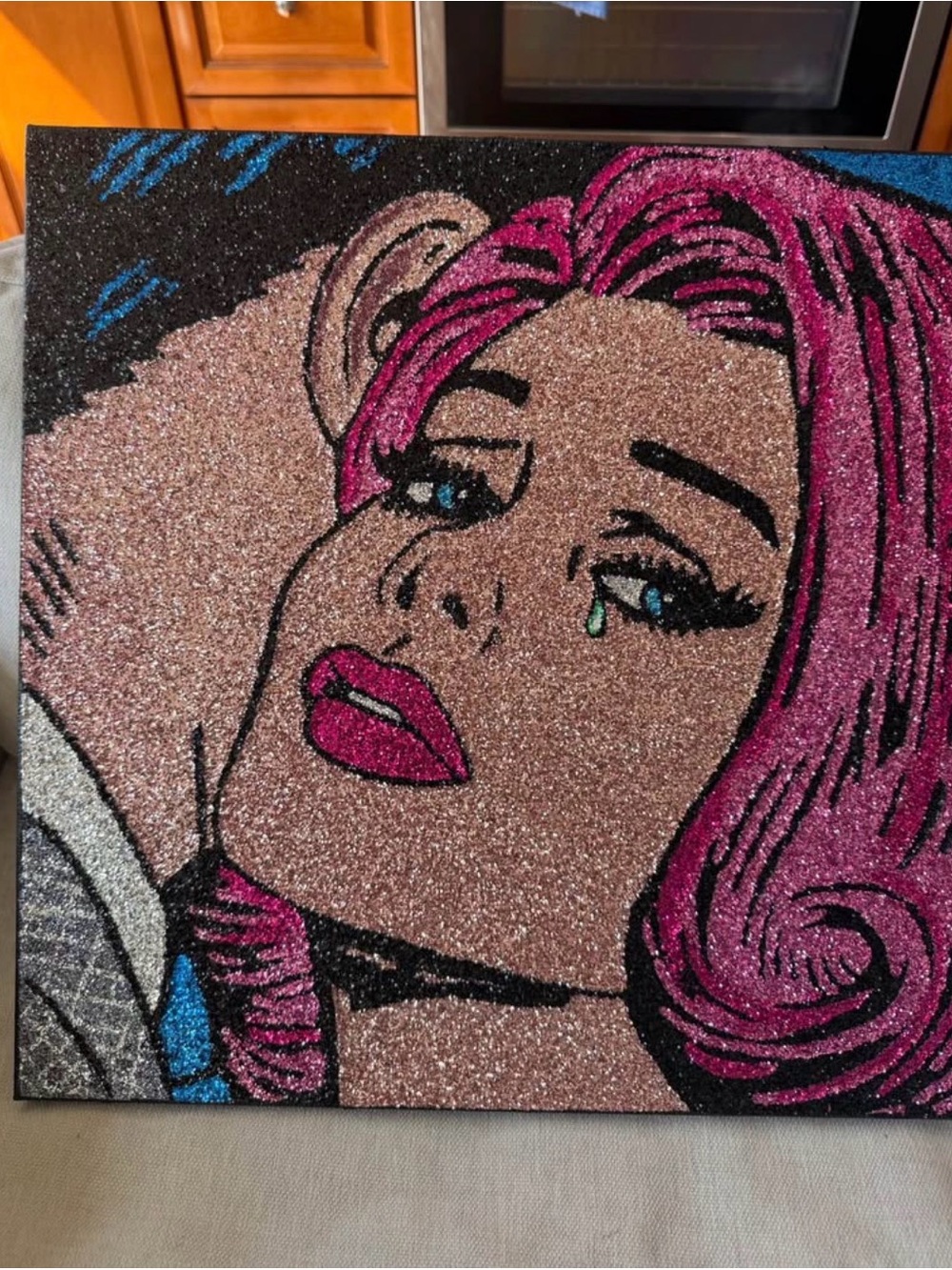 Glitter Pop Art Woman Canvas - Pink Hair, Blue Tear
